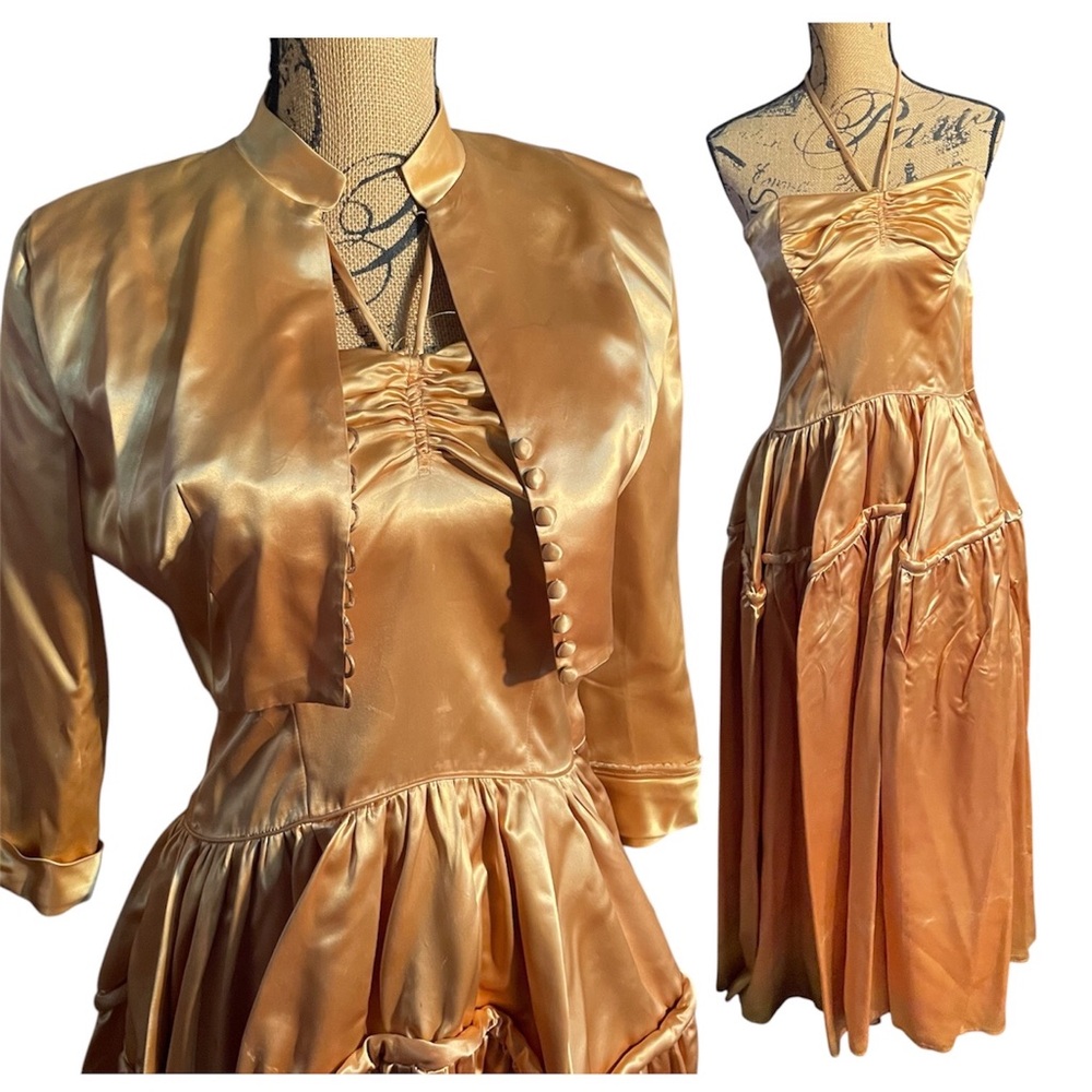 VINTAGE GOLD SATIN BALL GOWN WITH MATCHING BOLERO JACKET